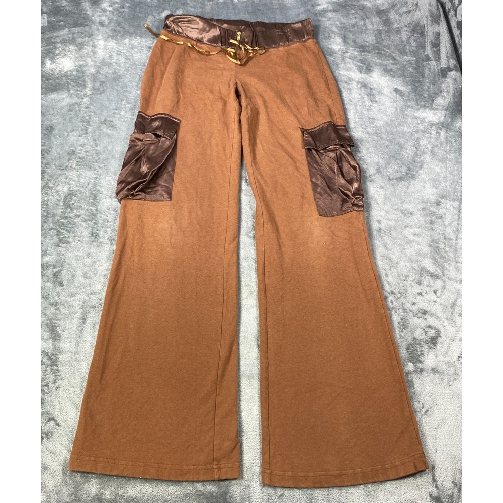 Vintage Baby Phat Flare Pants Women Medium Brown Logo Satin Trim Y2K Made In USA
